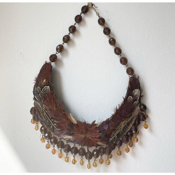 Handmade Bohemian Collar Necklace Feathers Faux Crystals Festival Ren Fest Faire - Picture 1 of 4